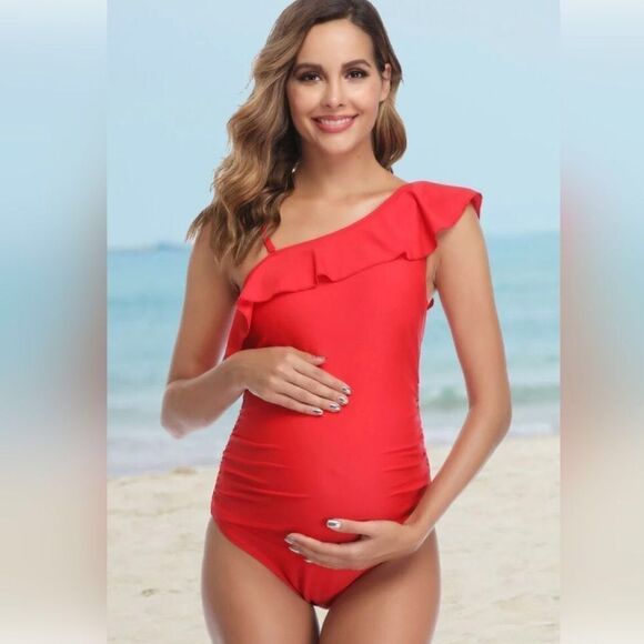 NWT Summer Mae Maternity Red One-Shoulder Swimsuit - Picture 1 of 8